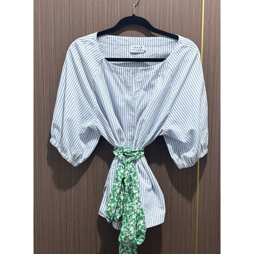 Tanya Taylor Blouse Blue White Striped Green Floral Silk Tie Sash Top Size 16